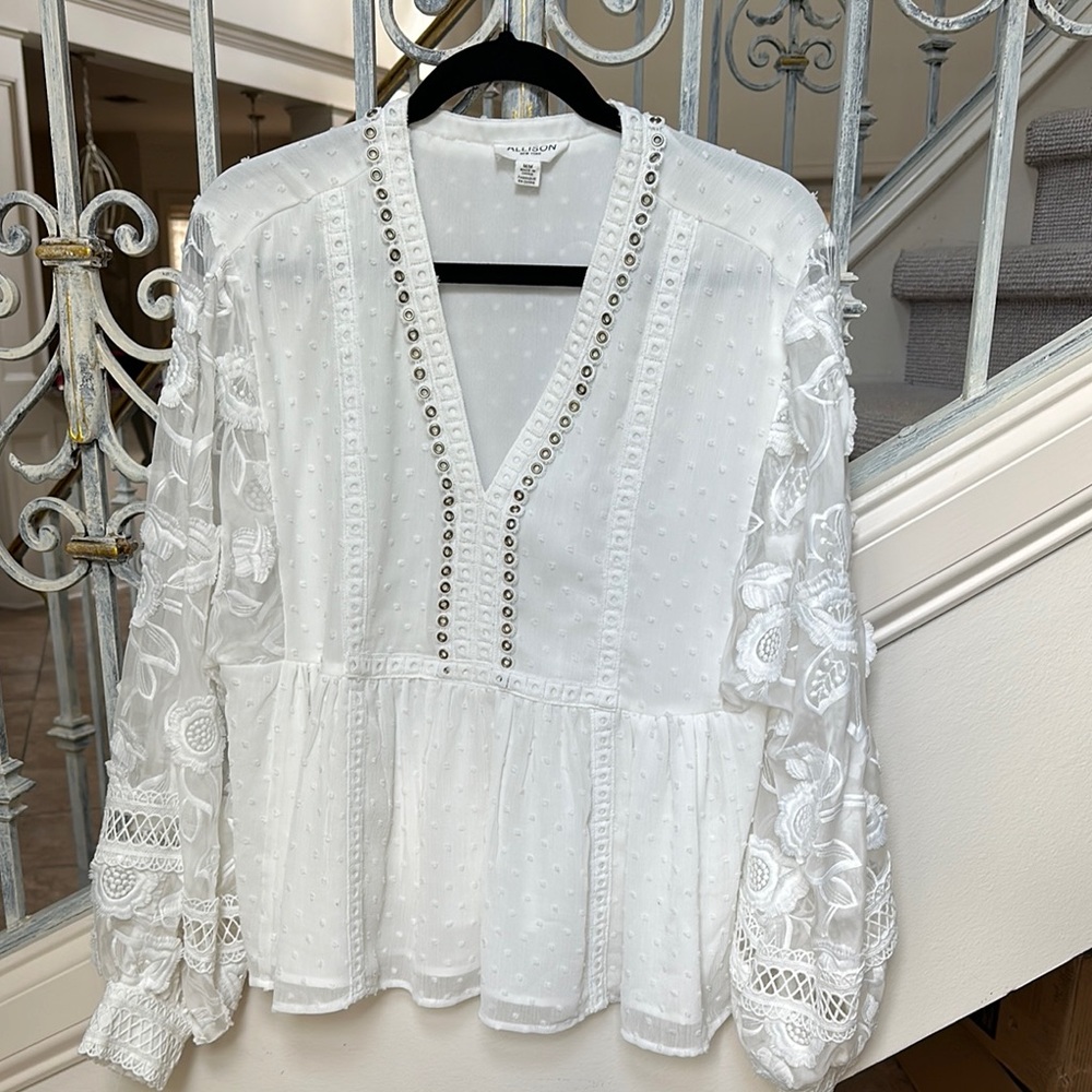 White Peplum Blouse with Embellished Ruffled Sleeves